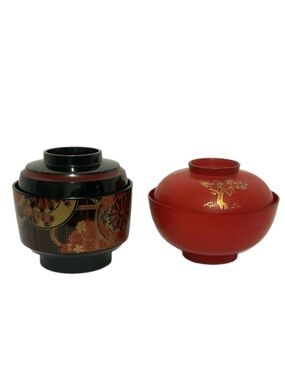 2 Japanese Lacquerware Lidded Bowls